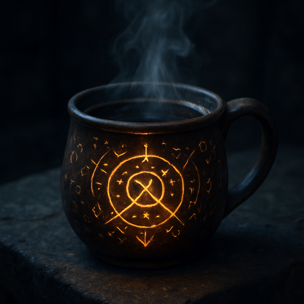 A fantasy-inspired coffee mug on a stone table, steam rising, with a faint glow of enchanted symbols. Alt: Cold brew coffee in a mystical setting.