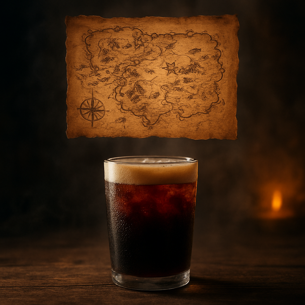 A frosty glass of cold brew with a parchment scroll of a fantasy map floating above, suggesting adventure. Alt: Cold brew coffee in a magical setting.