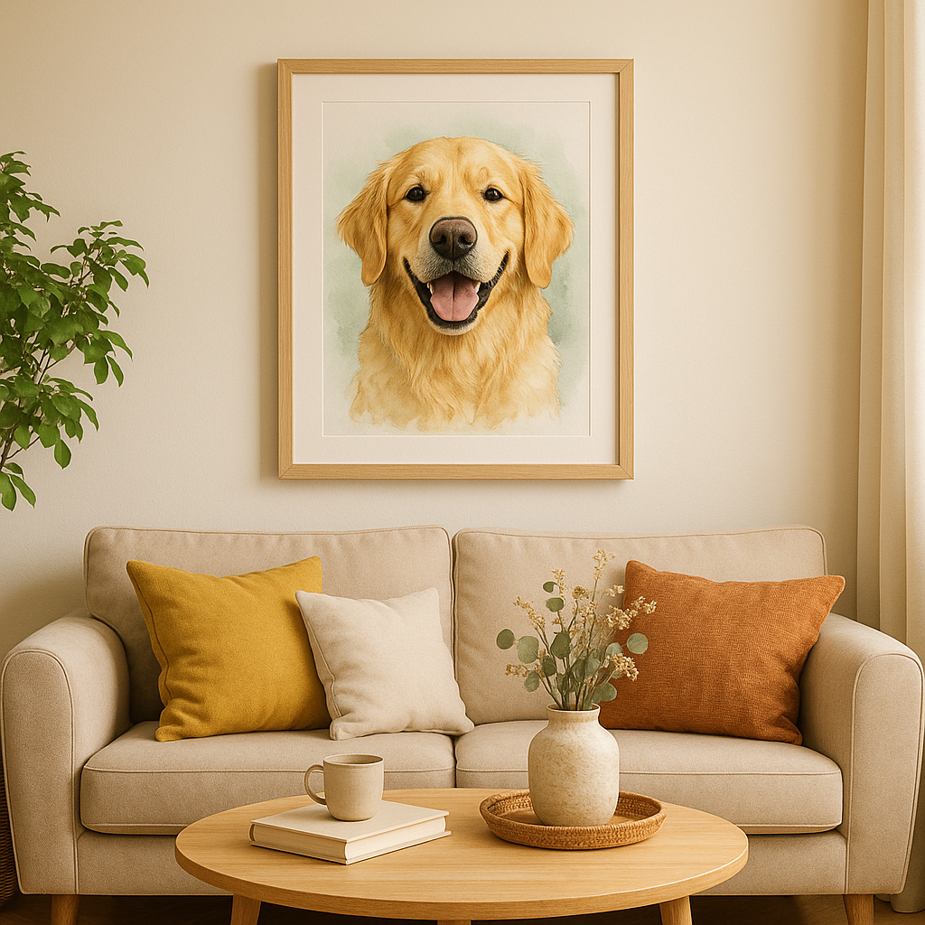 A bright, cozy living room wall adorned with a custom watercolor pet portrait gift, capturing a golden retriever’s joyful expression. Alt: Custom watercolor pet portrait gift showing a golden retriever’s portrait hanging on a stylish living room wall.