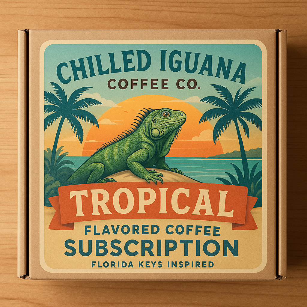 A box of Chilled Iguana Coffee Co. tropical flavored coffee subscription with Florida Keys inspired branding. Alt: Tropical flavored coffee subscription service from Chilled Iguana Coffee Co.
