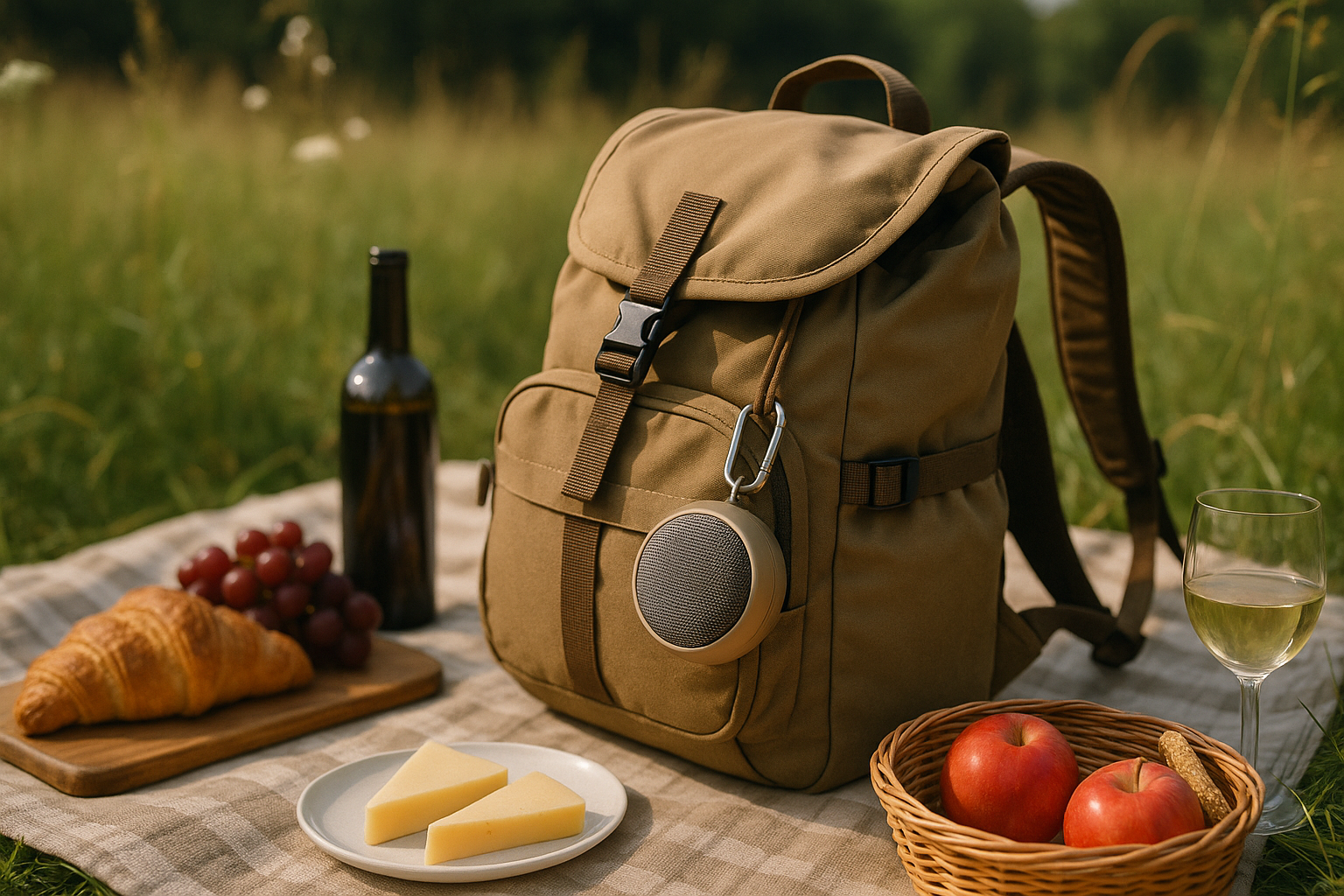 A timeless outdoor picnic scene with a portable mini wireless speaker playing music on a trekking backpack. Alt: Outdoor use of portable mini wireless speaker with hiking pack.