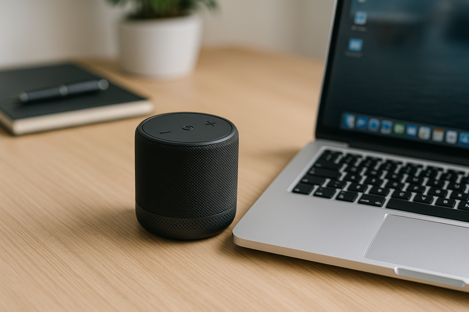 Modern workspace showing a small portable mini wireless speaker beside a laptop. Alt: Portable mini wireless speaker in a work environment.