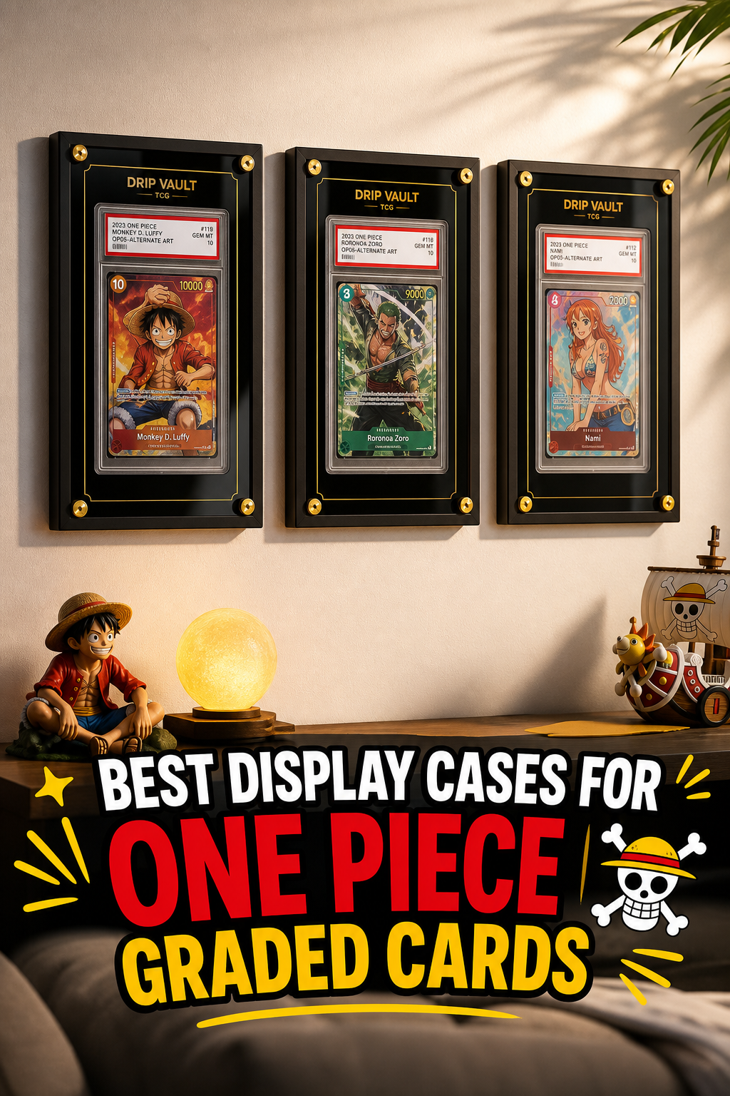 A photorealistic living room wall with three Drip Vault TCG Premium Slab Frames mounted, each holding a graded One Piece card. Soft natural light highlights the glossy slab surfaces and the clean, modern frame edges. Alt: Drip Vault TCG premium slab frame display on wall