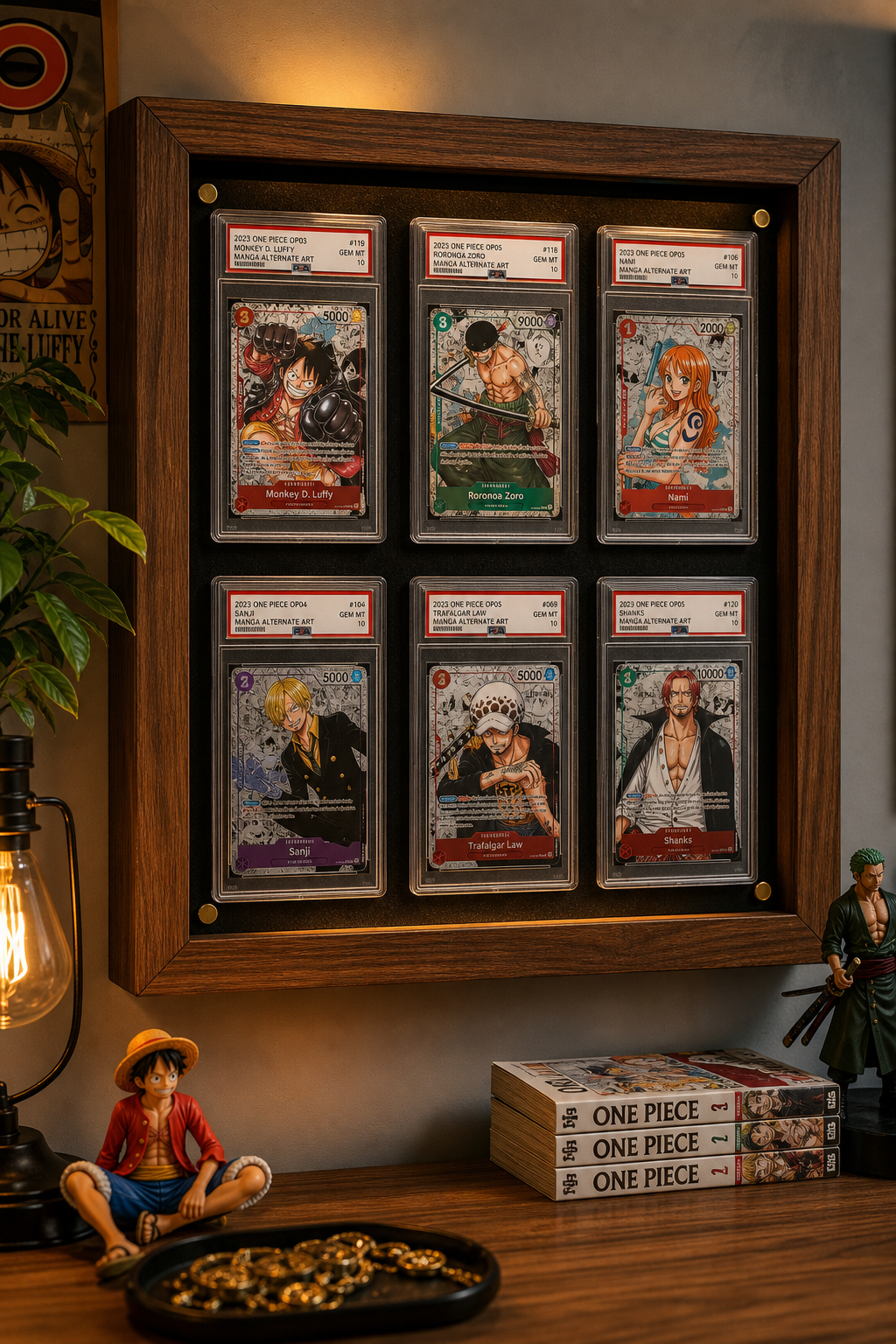 A shadow box with six graded One Piece slabs arranged in two rows, mounted on a wall above a wooden desk. The room has warm ambient lighting that highlights the card art and the wood grain of the frame. Alt: Wooden shadow box display for graded One Piece cards on wall