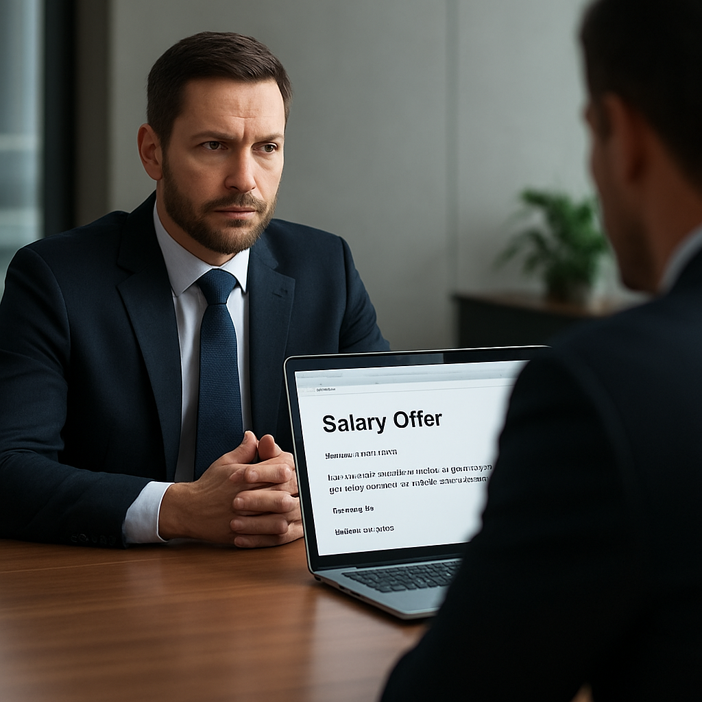 A professional negotiator at a conference table, laptop open, salary offer email on screen. Alt: Salary negotiation example, professional setting, corporate negotiation.