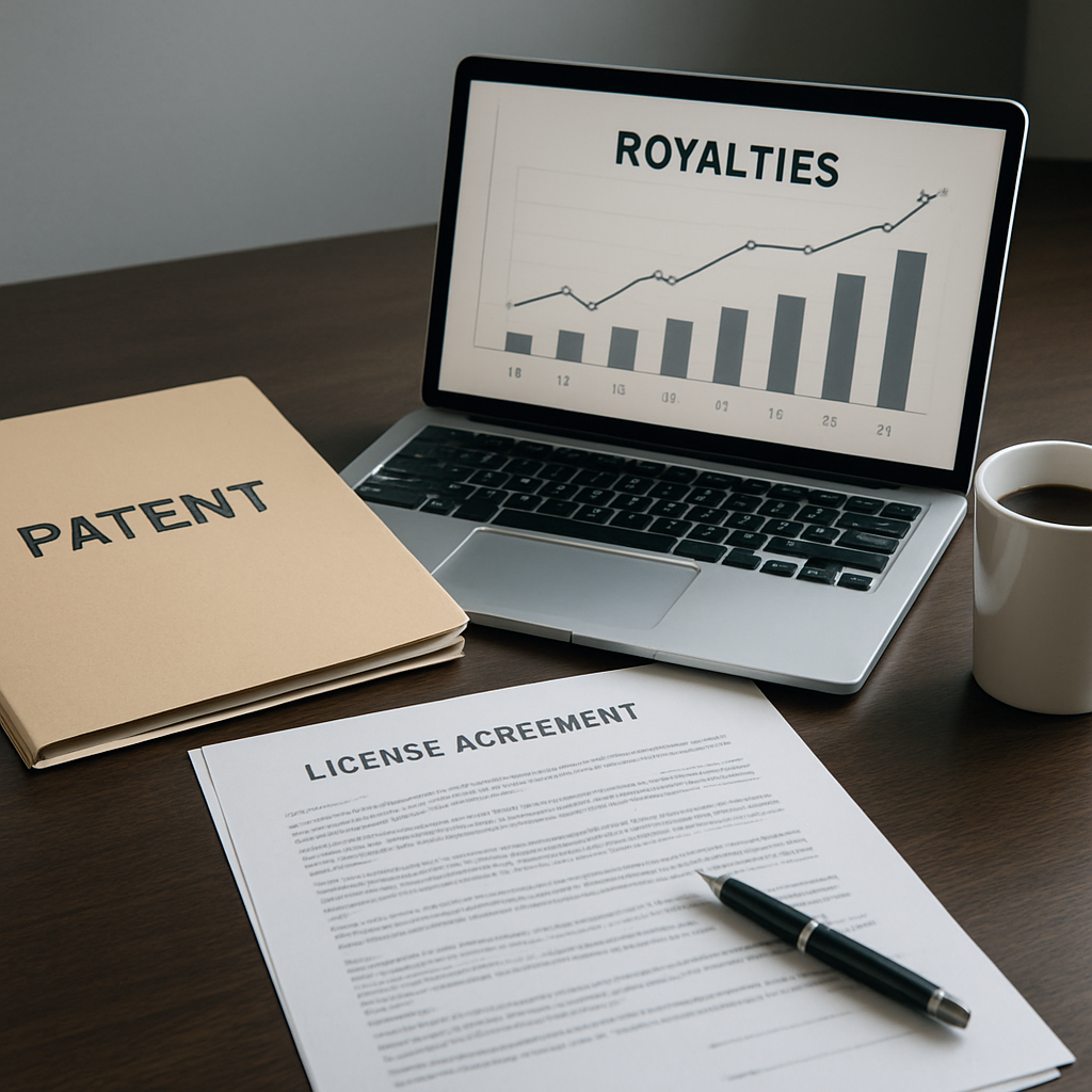 A sleek office desk with a patent filing folder, a laptop displaying royalty graphs, and a coffee mug. Alt: Patent licensing negotiation with royalty calculations and contract paperwork.