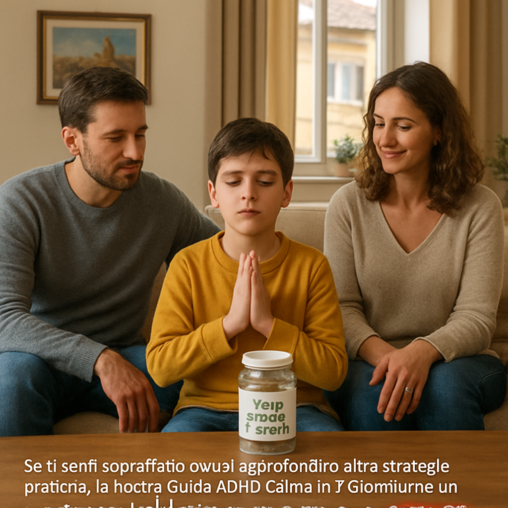 Una famiglia seduta sul divano con un barattolo di calma, che osserva il bambino mentre fa una respirazione profonda. Alt: barattolo della calma in azione in una casa italiana.