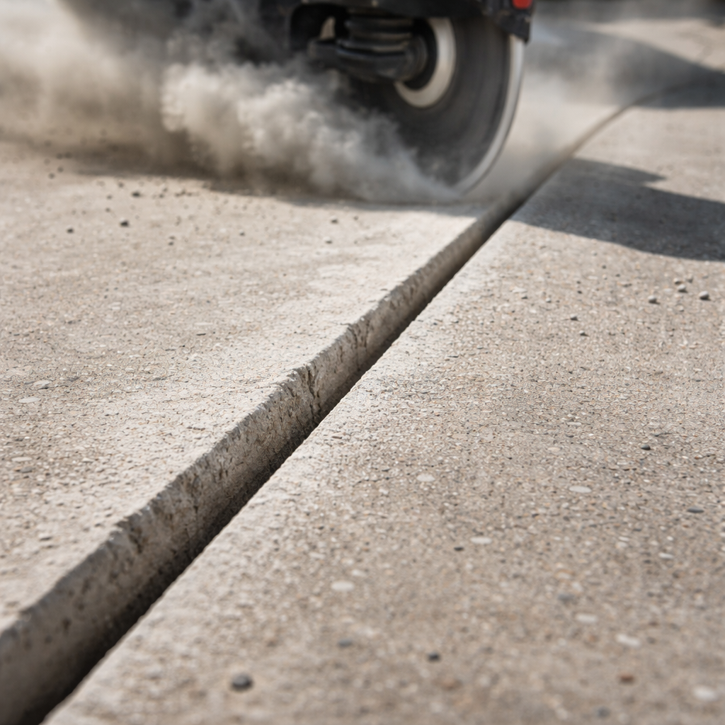 A realistic close‑up of a concrete floor with a V‑groove crack opened by a diamond blade grinder, dust swirling, bright daylight, alt=
