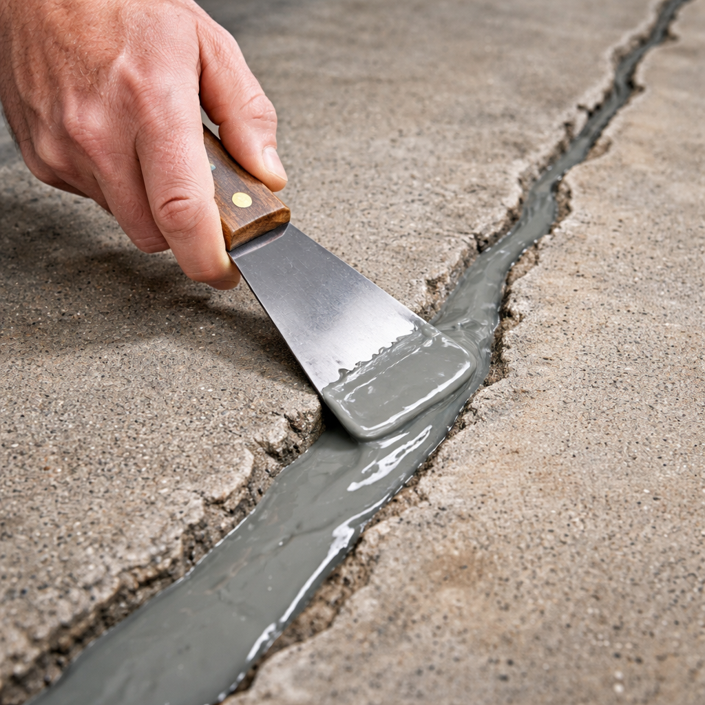 A realistic scene of a hand using a putty knife to push epoxy into a concrete crack, the epoxy glossy and filling the V‑groove, alt=