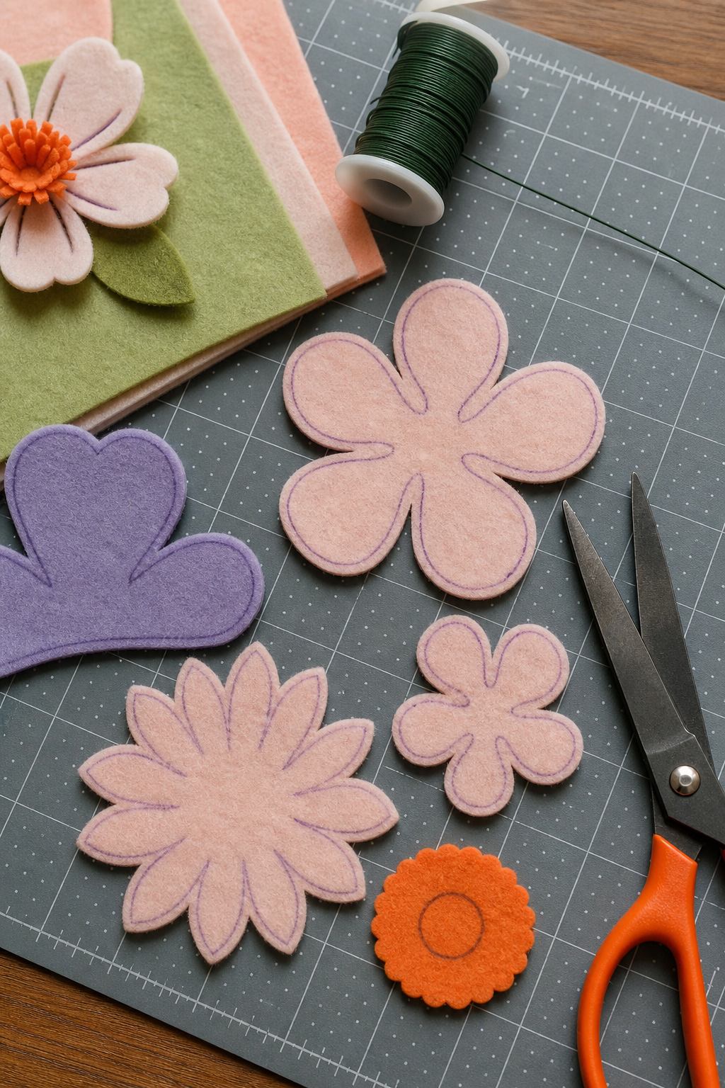 A close-up of felt flower pattern pieces laid out on a cutting mat, with scissors and a spool of floral wire nearby. The patterns are traced on felt in soft pastel colors. Alt: felt flower templates and cutting tools for a DIY arrangement class online