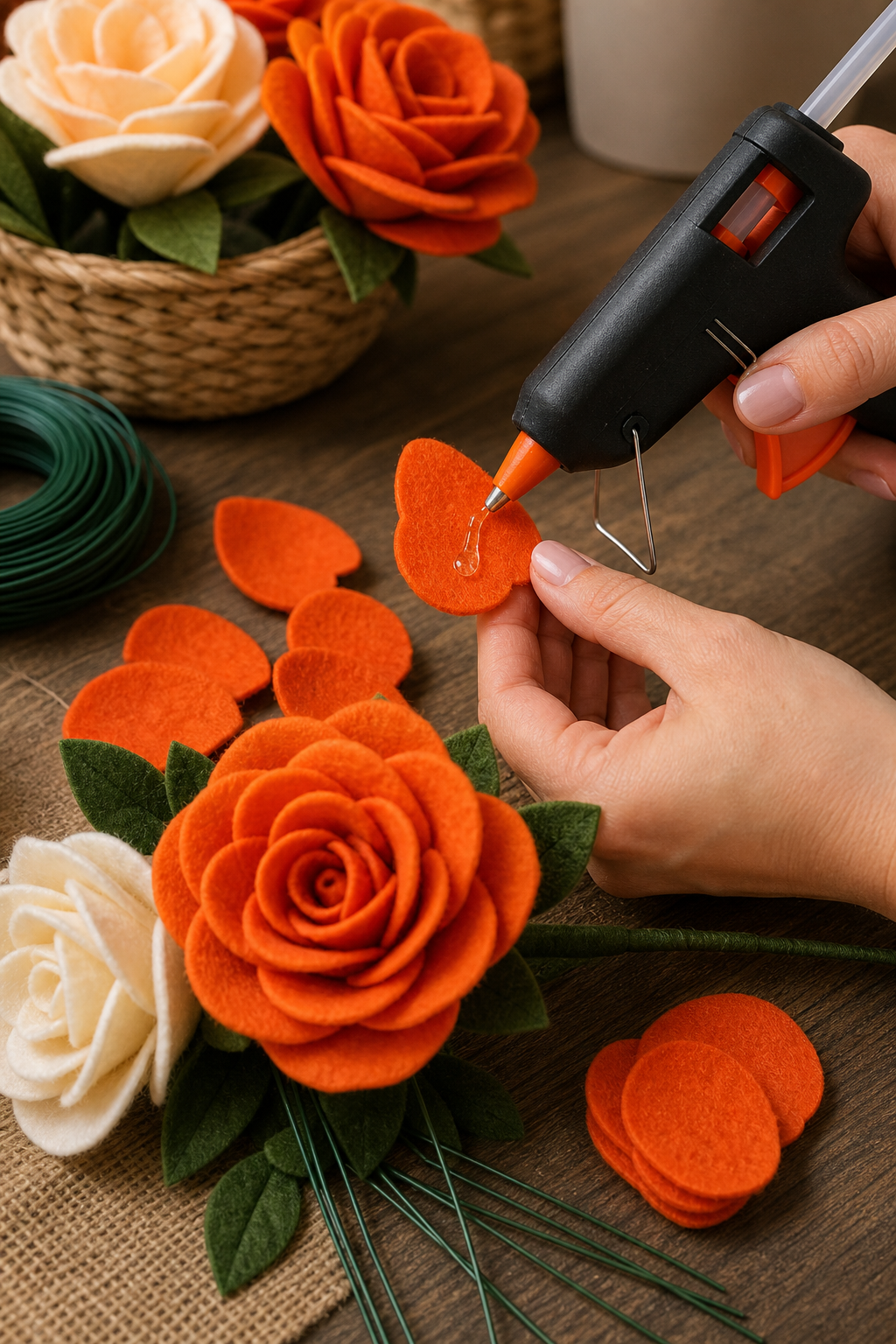 A hand applying hot glue to the back of a felt petal, with an assembled rose in the foreground. The workspace includes a glue gun, floral wire, and completed felt flowers. Alt: assembling felt flower petals with hot glue for a DIY arrangement