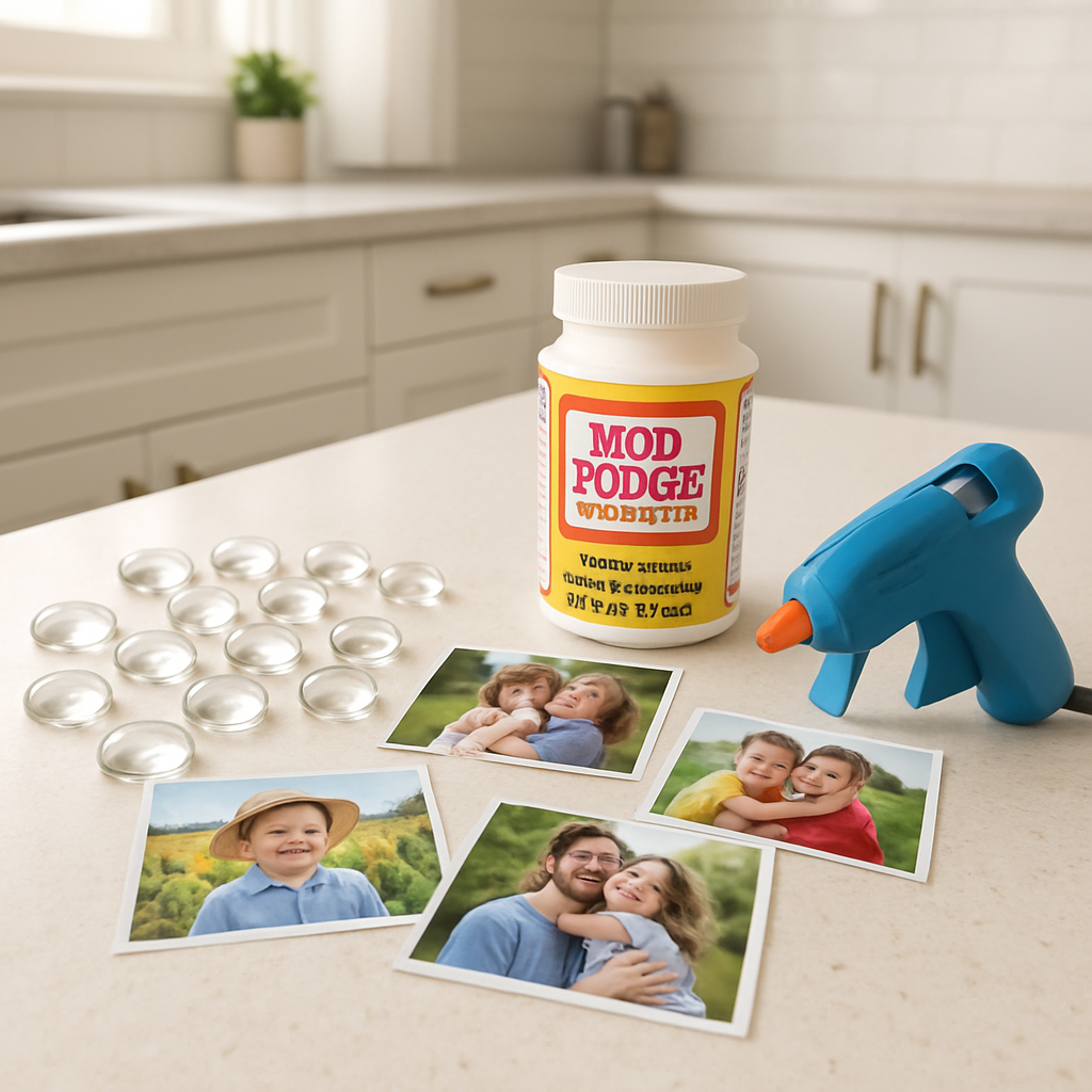 A bright, clutter‑free kitchen counter with glass beads, printed photos, Mod Podge jar, and a hot‑glue gun ready for a DIY photo magnet project. Alt: diy photo magnets supplies laid out on a kitchen counter.