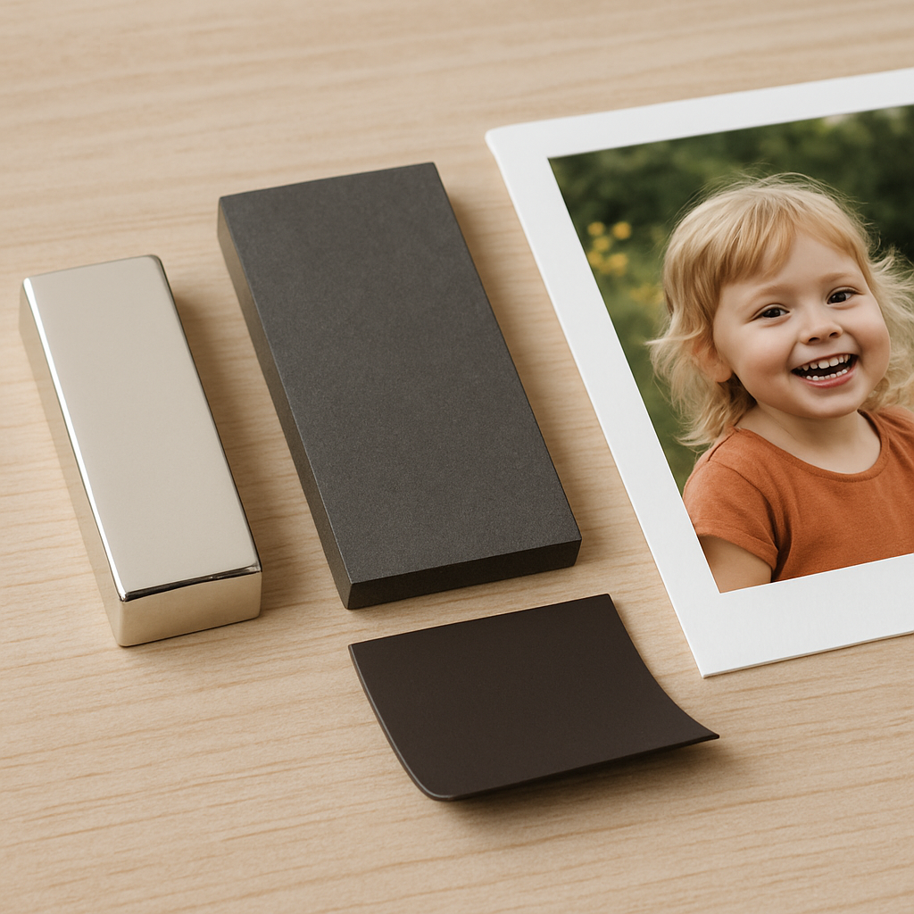 A close‑up of three magnet sheets – a shiny neodymium block, a gray ferrite slab, and a flexible rubber sheet – laid out beside a printed photo, illustrating their different thicknesses and textures. Alt: Comparison of popular magnet materials for DIY photo magnets
