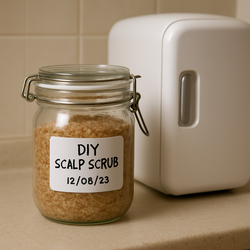 A glass jar of DIY scalp scrub sitting on a bathroom counter next to a small fridge, with a handwritten label showing the date. Alt: DIY scalp scrub storage tip for hair growth