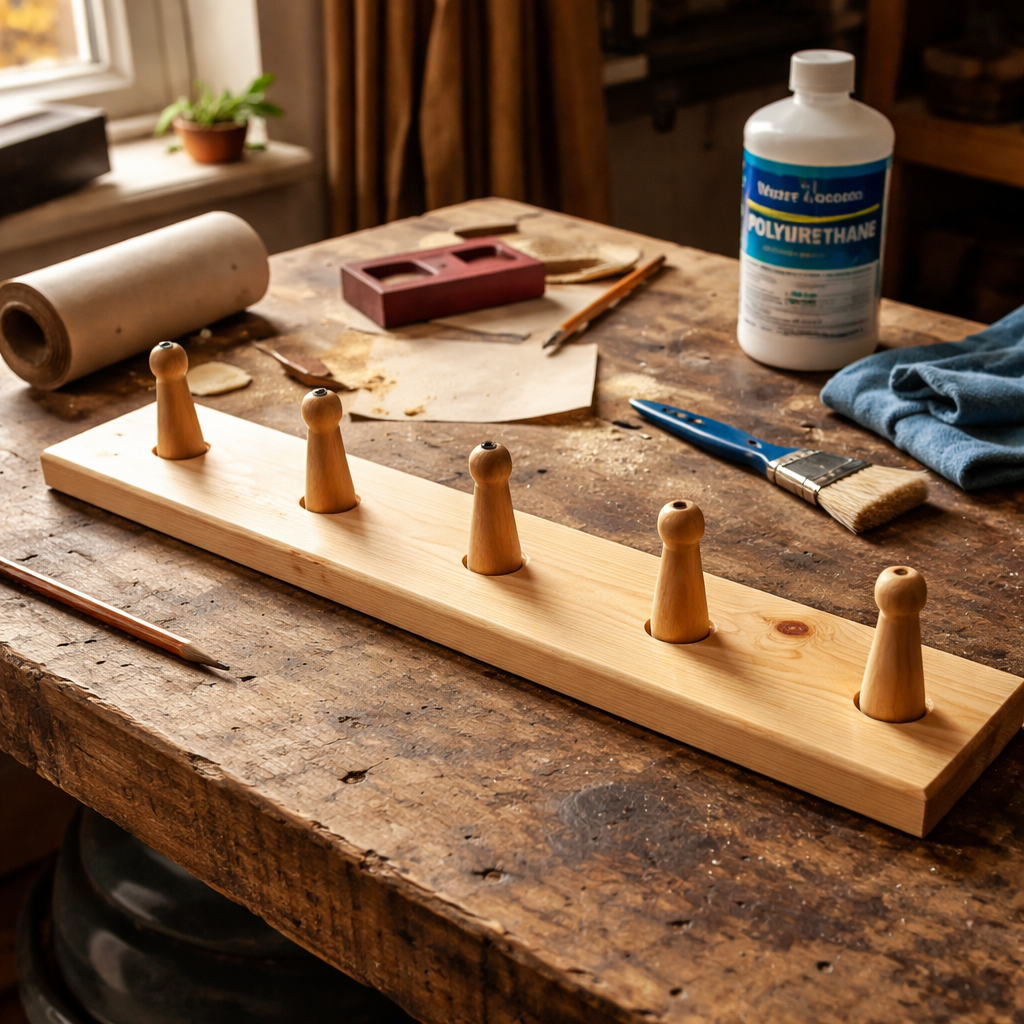 A photorealistic scene of a hand‑cut pine coat rack on a workshop bench, with sanding tools and a bottle of water‑based polyurethane nearby, soft daylight streaming in, highlighting the wood grain. Alt: DIY wooden coat rack materials and tools.