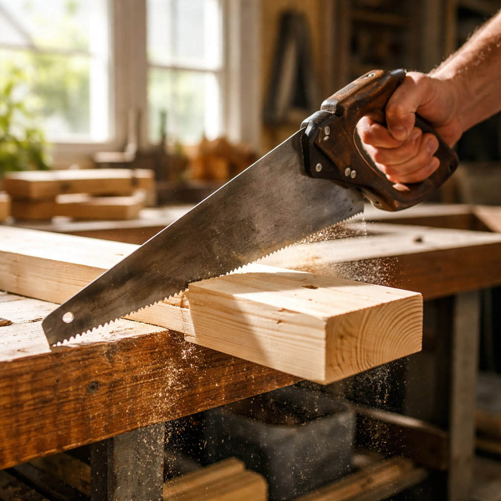 A photorealistic scene of a hand‑held hand‑saw cutting a pine board for a coat rack, dust gently falling, bright natural light from a workshop window. Alt: Precise wood cut for DIY wooden coat rack.
