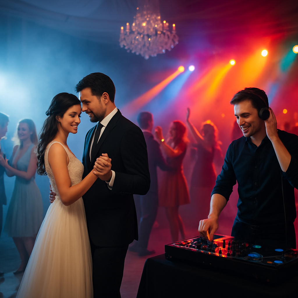 A romantic wedding dance floor with soft blue lighting transitioning to vibrant colorful lights for a lively party. Alt: dj para bodas ambiente musical y luces de boda