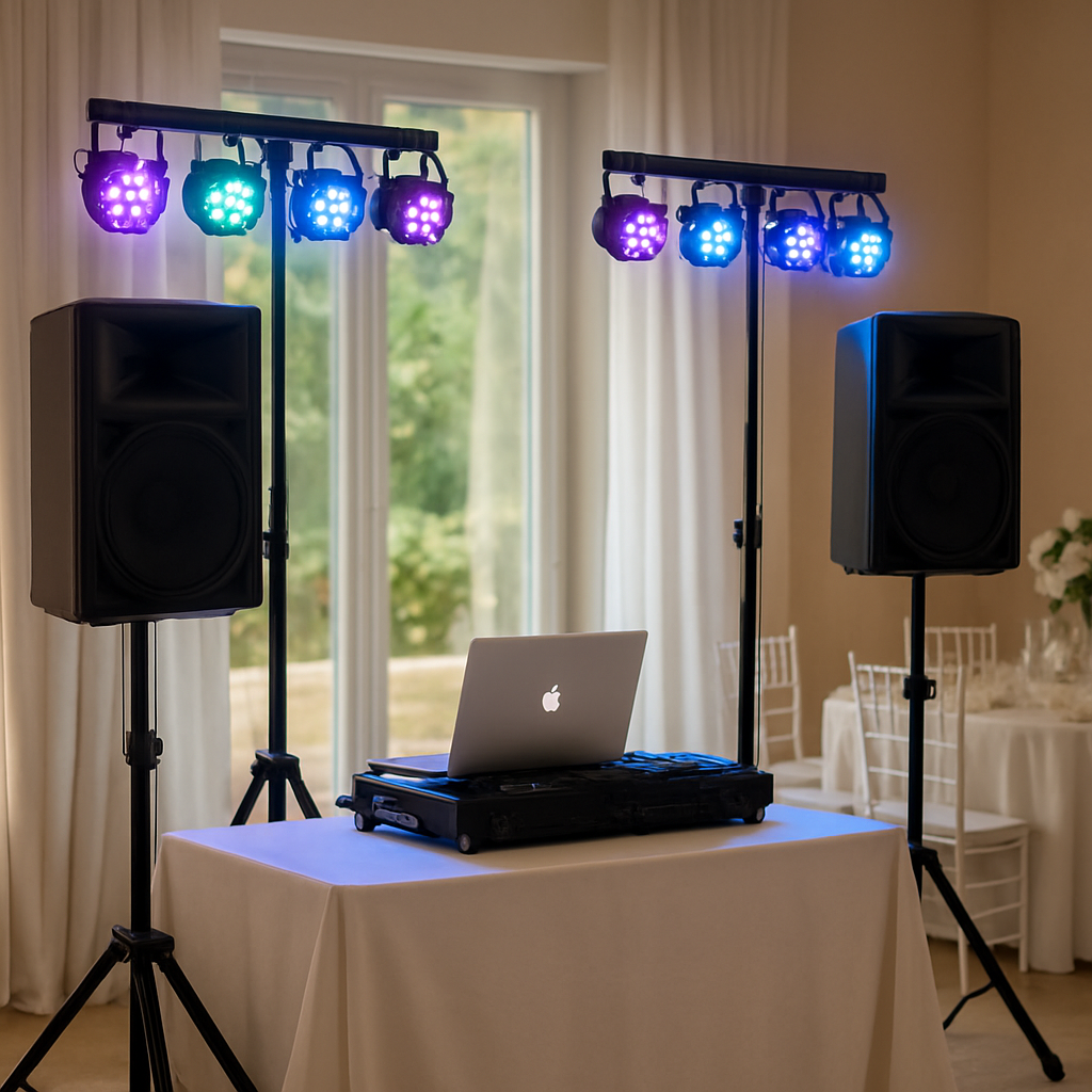 A DJ setup on a wedding venue with professional speakers, LED lights, and a laptop, showing a seamless integration of sound and lighting. Alt: dj para bodas equipo técnico y logística