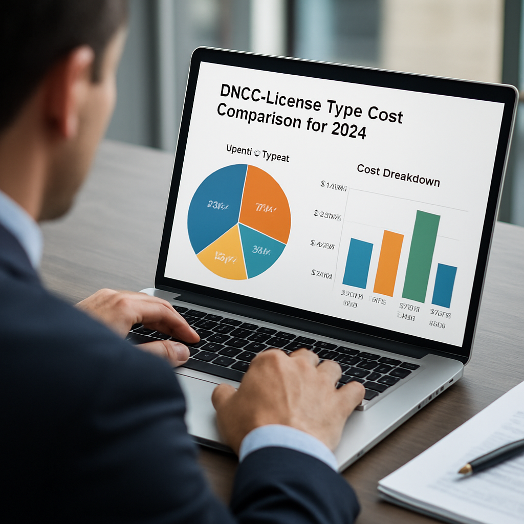 A businessperson reviewing DMCC licence options on a laptop, with charts showing cost breakdowns. Alt: DMCC licence type cost comparison for 2024.