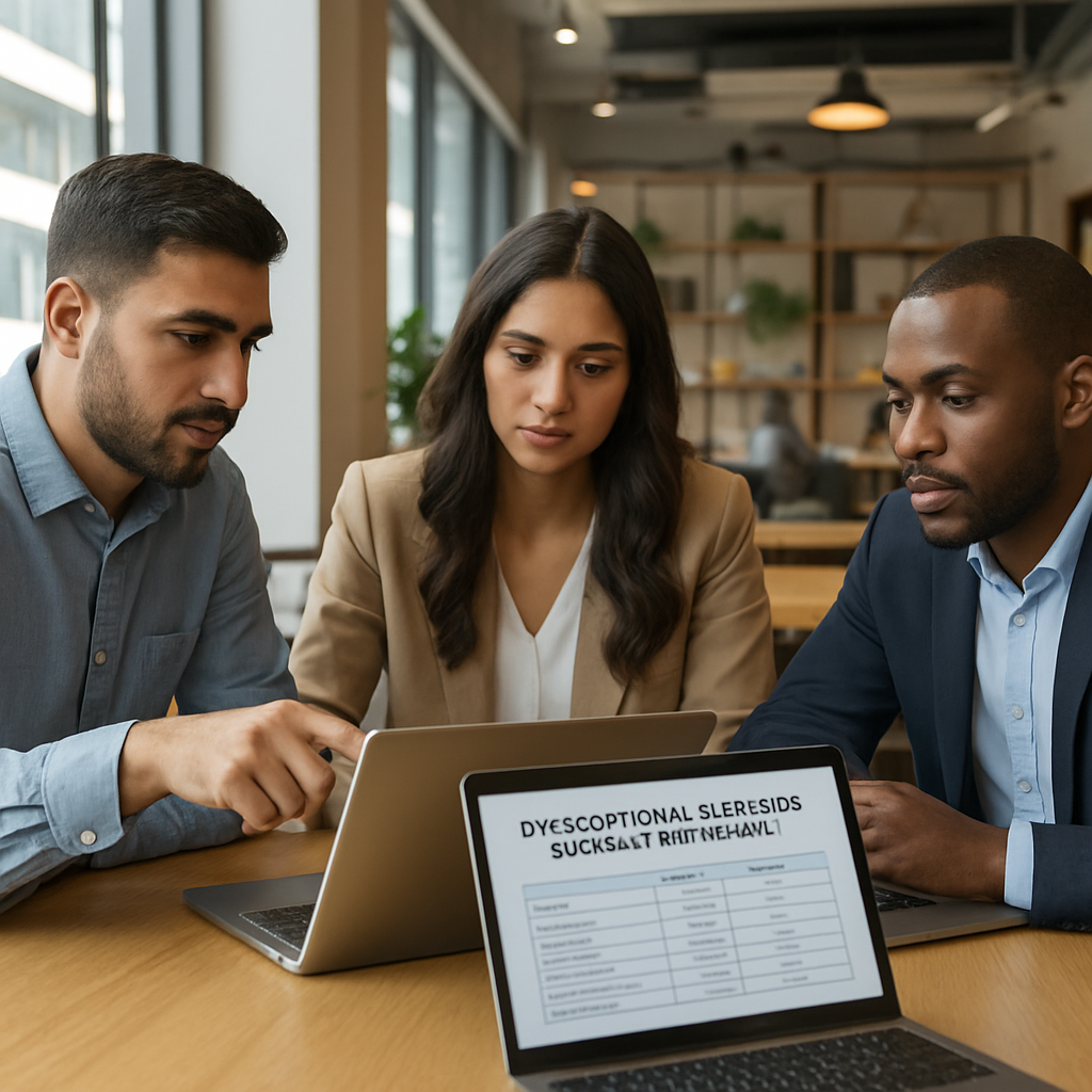 A modern co‑working space in DMCC with entrepreneurs reviewing cost spreadsheets on laptops. Alt: dmcc optional services cost breakdown 2024