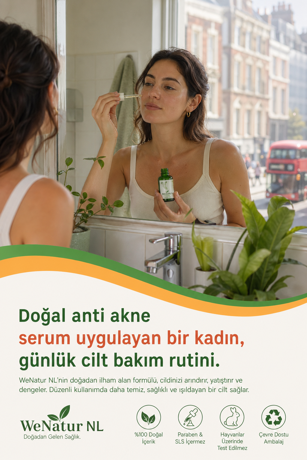 Bir kadın banyo aynasında cildine doğal bir serum uyguluyor, ortam doğal ışıklandırılmış, lavaboda bitkiler var. Alt: Doğal anti akne serum uygulayan bir kadın, günlük cilt bakım rutini.