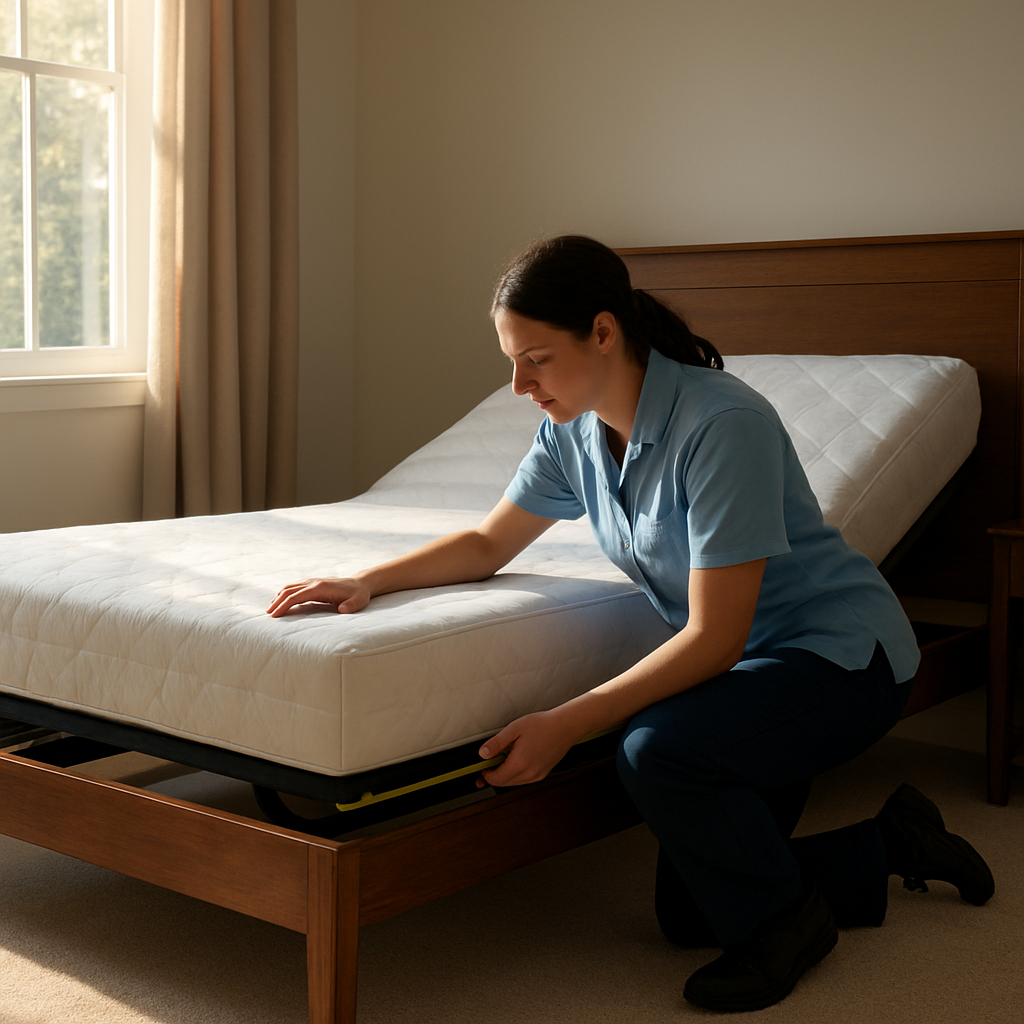 A photorealistic scene of a caregiver in an Australian bedroom gently testing an adjustable bed base with a queen‑size mattress inside a wooden frame, measuring gaps with a tape measure, sunlight streaming through a window, realistic lighting and textures.
