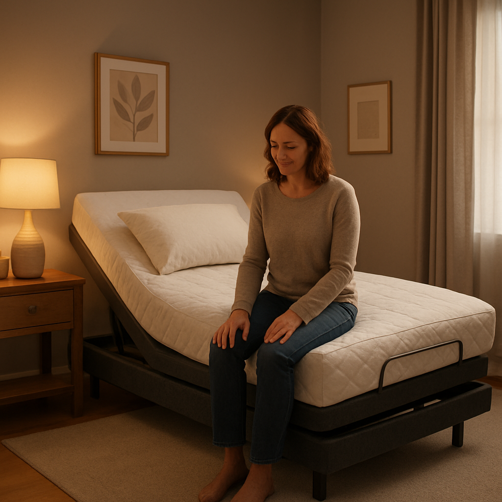 A cozy bedroom with an adjustable bed in the center, a person sitting on the edge, a soft lamp casting gentle light. Alt: Adjustable bed in a calm bedroom setting.