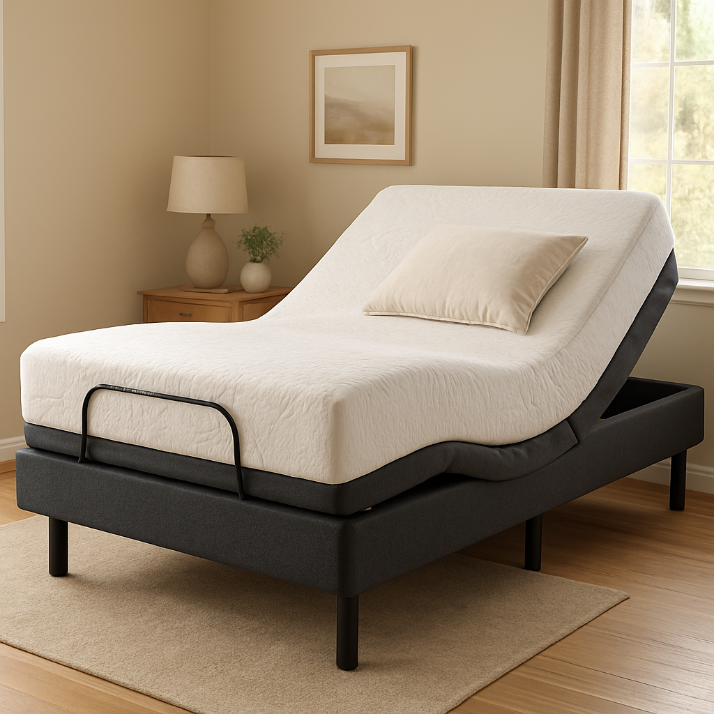 A cozy bedroom with an adjustable bed in a relaxed position, showing a thick hybrid mattress and a sleek support bar. Alt: Adjustable bed with a memory foam mattress in a bedroom setting.