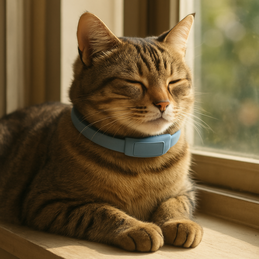A close‑up of a cat wearing a calming collar, sitting calmly on a sunny windowsill. Alt: cat wearing calming collar relaxed on windowsill