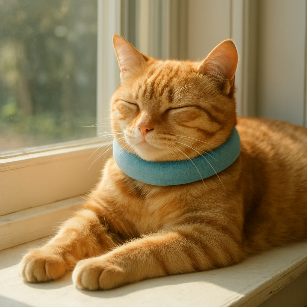 A cat wearing a calming collar lounging on a sunny windowsill, showing a relaxed posture. Alt: cat wearing calming collar relaxed.