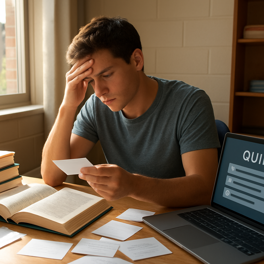 A photorealistic scene of a college student at a desk surrounded by textbooks, flashcards, and a laptop displaying a quiz app, with sunlight streaming in through a dorm window, emphasizing the contrast between memorisation and real‑world application. Alt: Student grappling with exam content versus practical knowledge.