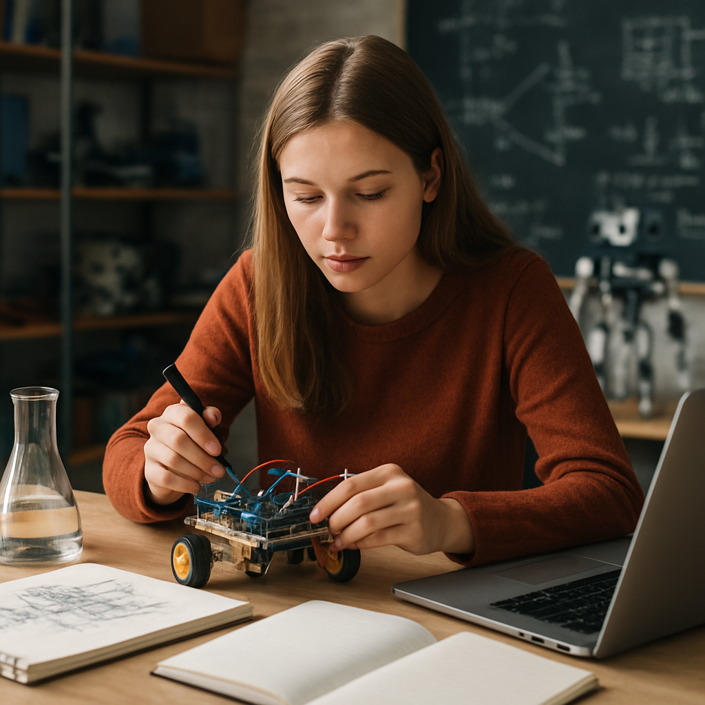 A photorealistic scene of a university student working on a hands‑on project, surrounded by sketchbooks, a laptop, and lab equipment, illustrating alternative assessment methods that capture real knowledge. Alt: Real‑world assessment in action.
