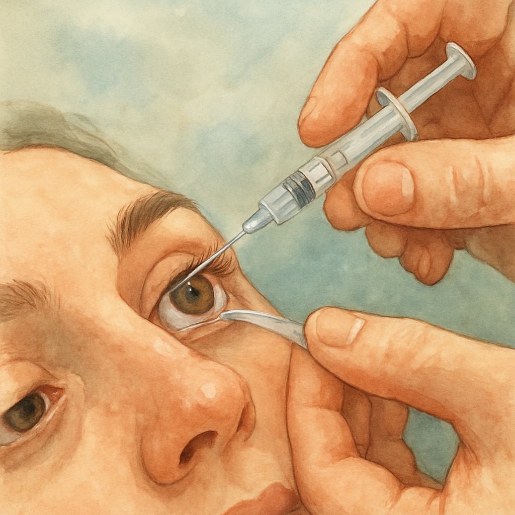 A close‑up of a clinician’s hand holding a 30‑gauge needle over a patient’s eye, with soft clinic lighting and a calm atmosphere. Alt: Eye injection procedure step by step, showing numbing drops, speculum, and needle insertion.