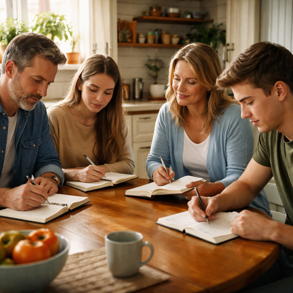 A photorealistic scene of a family sitting around a kitchen table, each person holding a notebook with handwritten observations, soft natural lighting highlighting a calm, supportive atmosphere. Alt: Family intervention planning with notes and supportive environment.