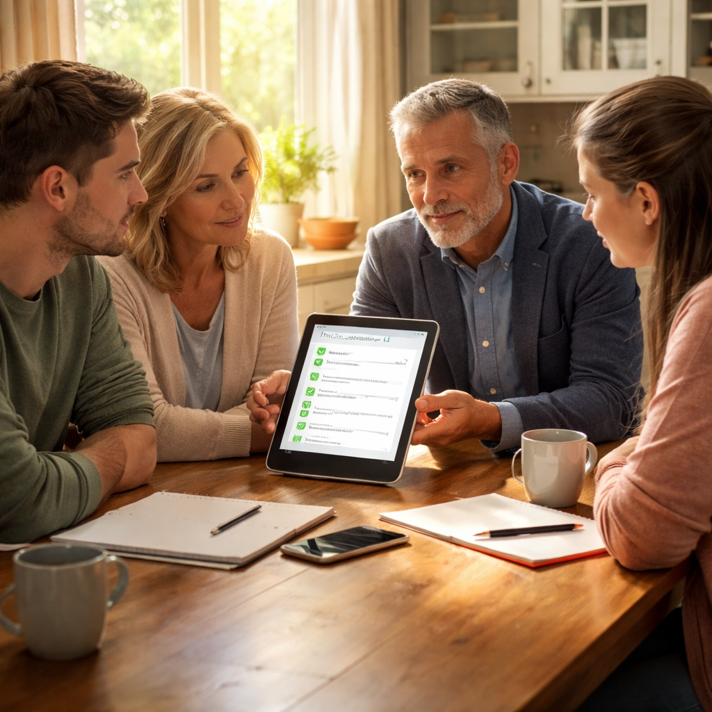 A photorealistic scene of a kitchen table with a small group of family members and a professional interventionist reviewing a checklist on a tablet, soft natural light streaming through a window, showing supportive body language and a visible progress tracker on the screen. Alt: Family intervention planning with clear action steps, realistic style.