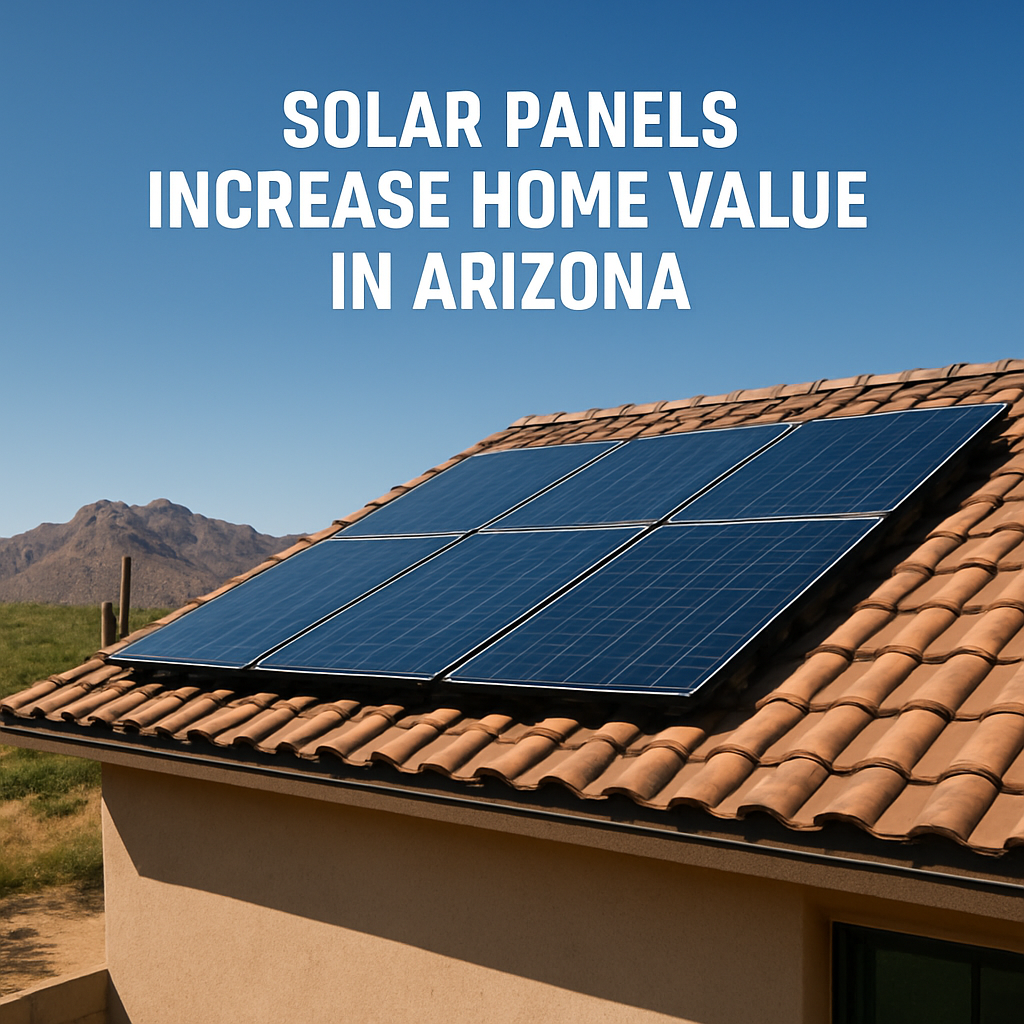 A modern Arizona home rooftop with solar panels glistening under desert sun. Alt: Solar panels increase home value in Arizona