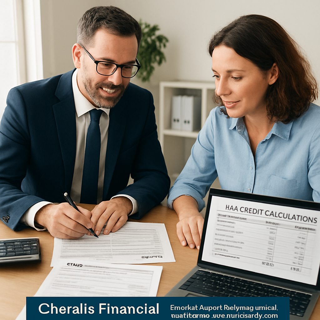 An accountant reviewing tax documents with a small business owner at a desk, showing forms and a laptop screen displaying tax credit calculations. Alt: Tax relief company helping small business claim credits and negotiate IRS debt.