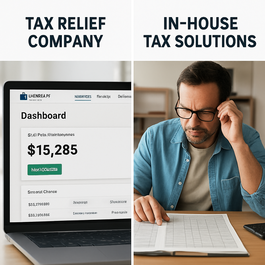 A side‑by‑side comparison chart showing a tax relief firm’s dashboard next to a small business owner reviewing in‑house spreadsheets. Alt: Comparison of tax relief companies vs in‑house tax solutions