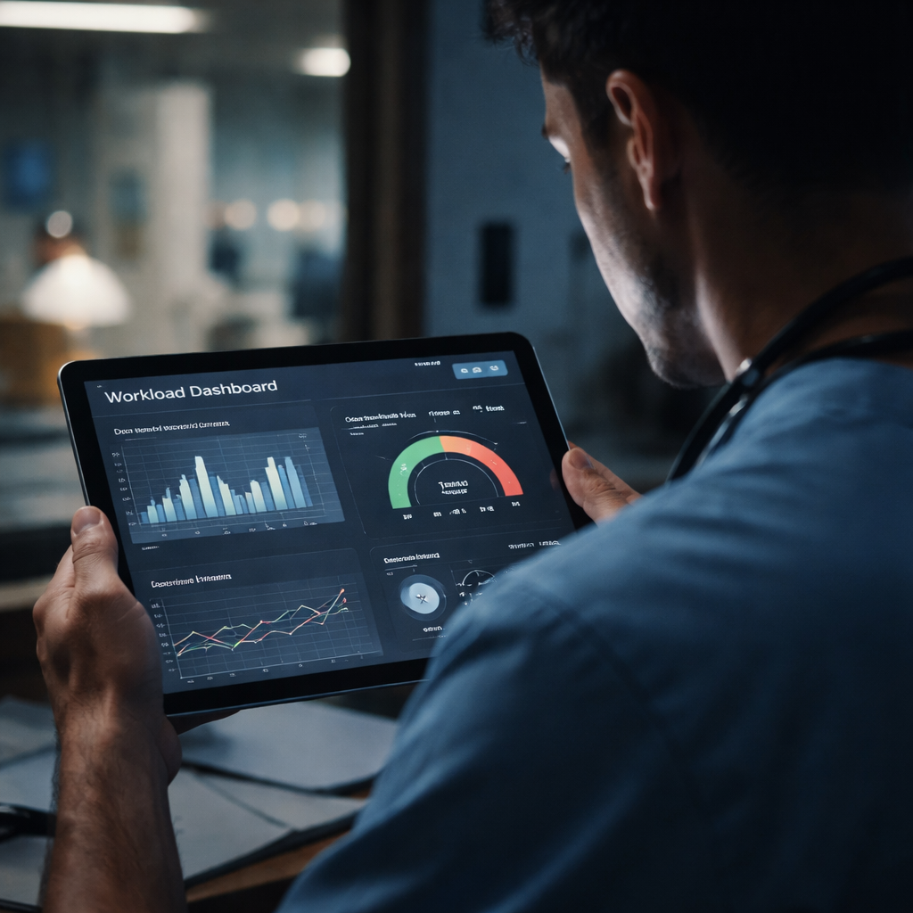 A cinematic scene of a clinician reviewing a digital workload dashboard on a tablet, showing charts of patient volume and overtime hours. Alt: doctor monitoring workload triggers for burnout prevention