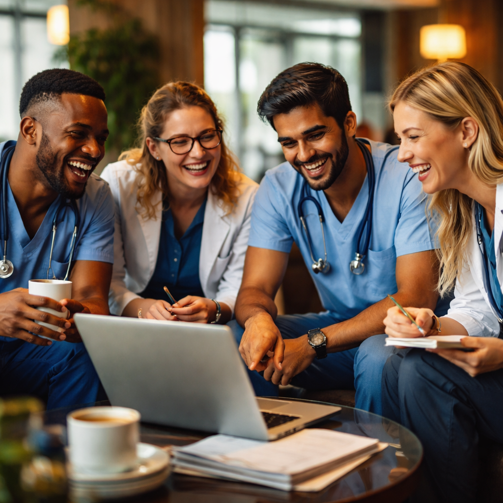 A cinematic image of a group of clinicians gathered around a coffee table, laughing and sharing notes on a laptop, symbolizing peer support for burnout prevention. Alt: clinicians using peer support to combat burnout