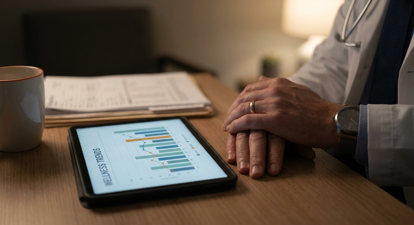 Cinematic close-up of a physician's hands resting on a desk beside a tablet displaying a wellness chart, warm clinical office lighting with medical notes softly blurred in the background. Alt: doctor reviewing stress level estimator results on a tablet in a clinical office.