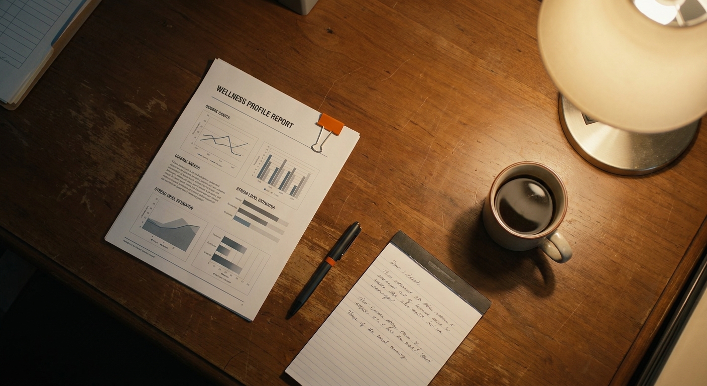 Cinematic overhead view of a doctor's desk with a printed wellness profile report, a pen resting beside handwritten notes, and a coffee cup in warm ambient lighting. Alt: physician interpreting stress level estimator results on a printed wellbeing profile report.