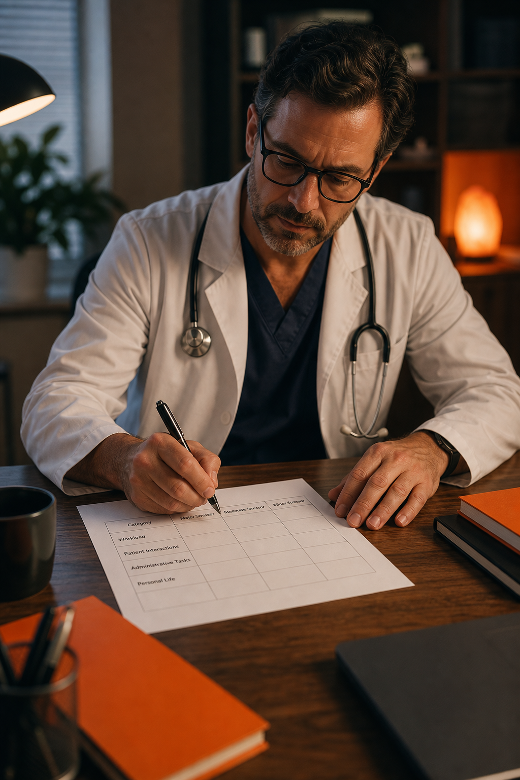 A doctor sitting at a desk with a paper worksheet that has a table with categories like "Workload", "Patient Interactions", "Administrative Tasks", and "Personal Life". The doctor is writing in one of the columns. Cinematic lighting, warm tones. Alt: Doctor completing stress categorization table on worksheet