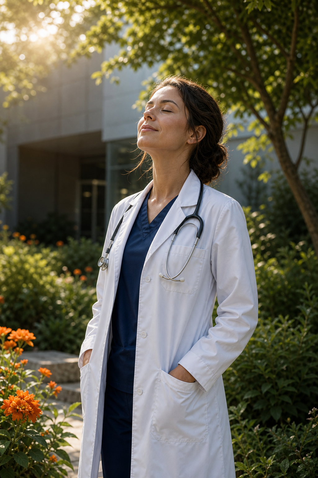 A physician stepping outside the hospital into a small garden, taking a deep breath with eyes closed. Soft sunlight, calm atmosphere. Alt: Doctor practicing stress management technique outside hospital