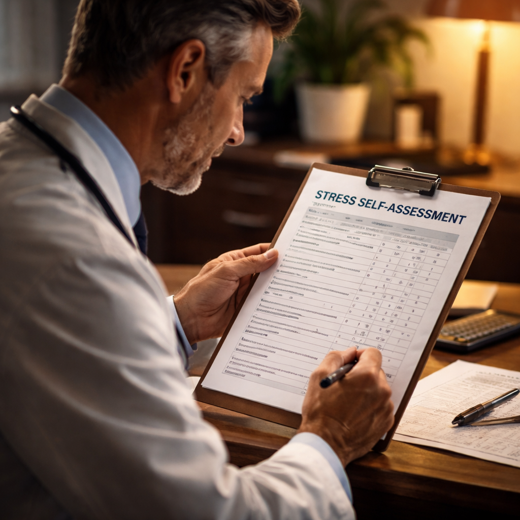 A clinician reviewing a stress self‑assessment sheet in a quiet office, cinematic lighting, alt: doctor stress assessment worksheet