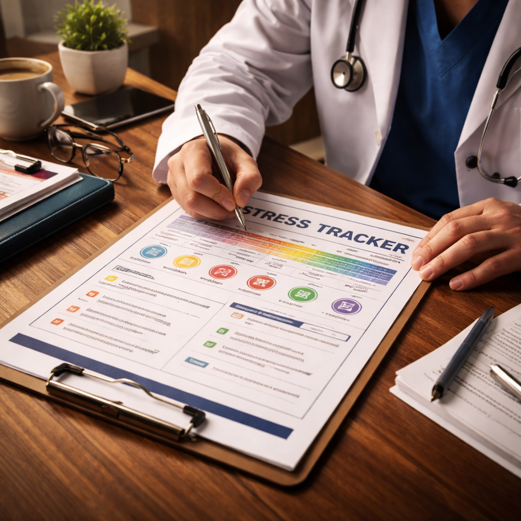A clinician filling out a colorful stress‑tracker sheet at a desk, cinematic lighting, alt: printable stress tracker for doctors