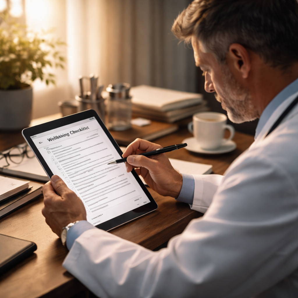 A cinematic style illustration of a doctor sitting at a desk, reviewing a printable checklist on a tablet, with soft natural light highlighting the calm environment. Alt: doctor using wellbeing checklist pdf to assess health baseline