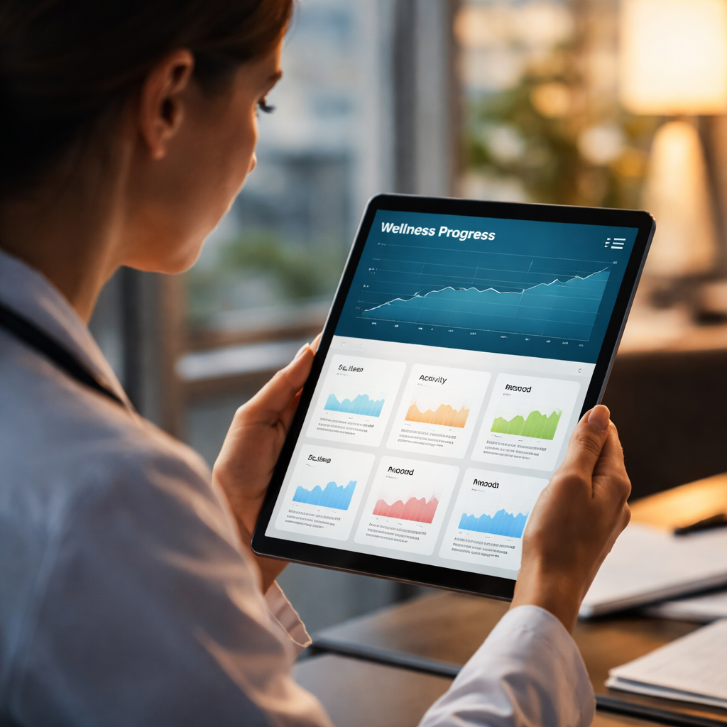 A cinematic style visual of a clinician reviewing a digital wellness tracker on a tablet, with graphs showing improvement over time. Alt: clinician tracking wellbeing progress with charts