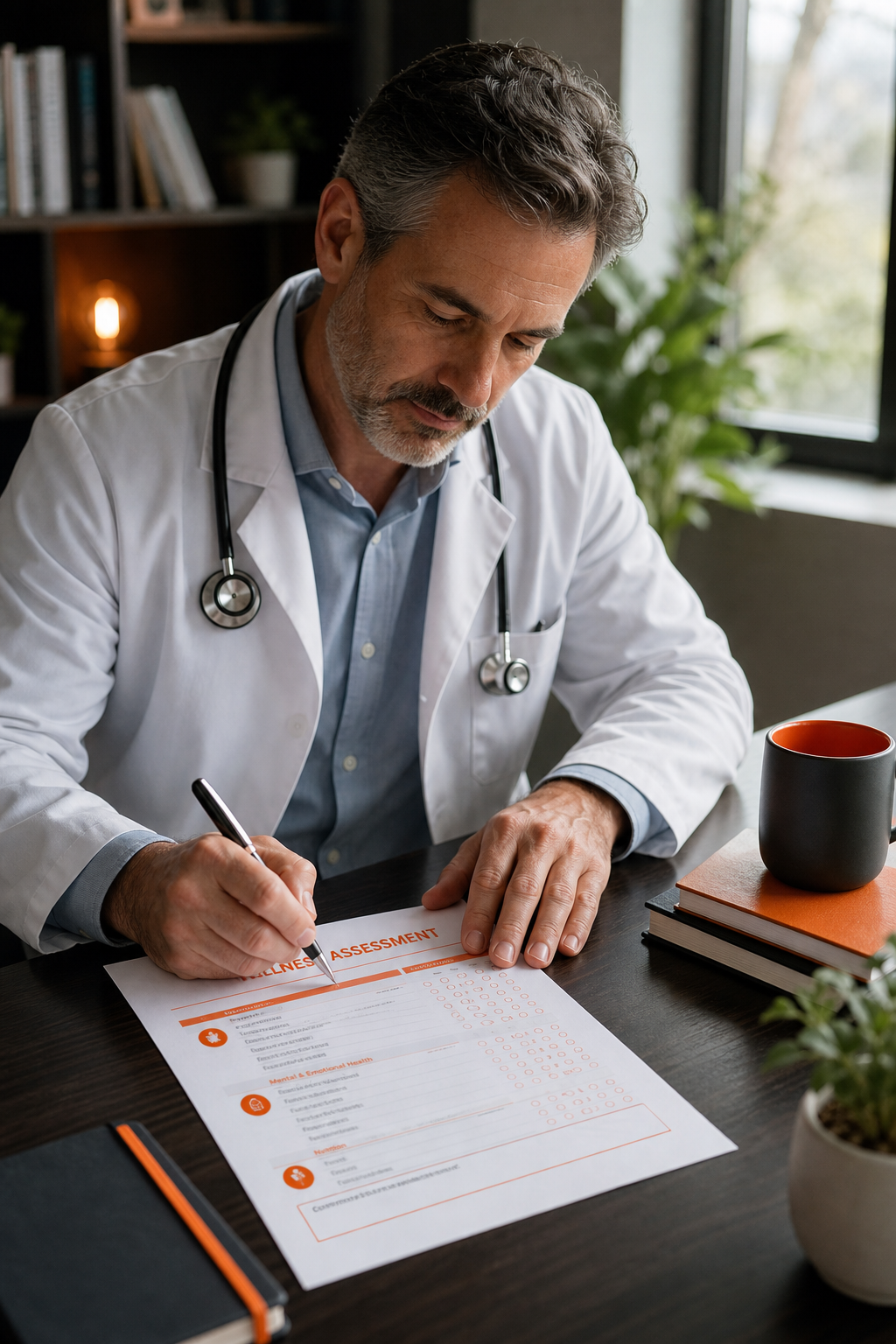 Cinematic shot of a doctor sitting at a desk filling out a printed wellness assessment sheet with a pen, soft natural light from a window, calm and focused expression. Alt: Doctor assessing wellness baseline using a printable wellness action plan PDF