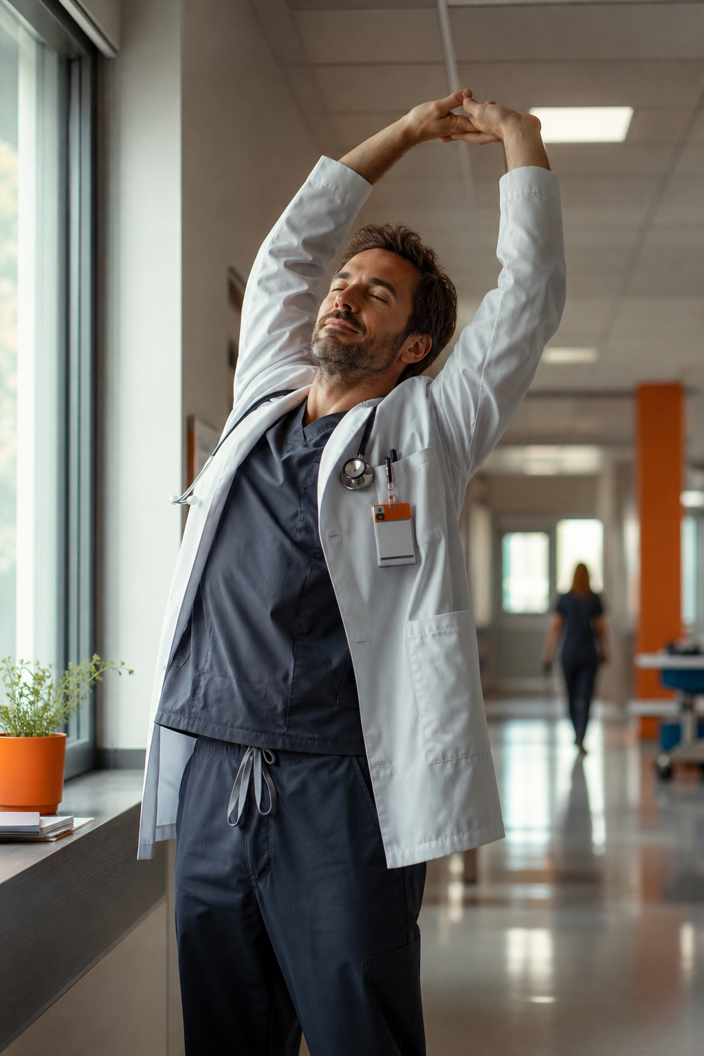 Cinematic shot of a doctor taking a break in a hospital corridor, doing a quick stretch with arms overhead, natural light from a window, looking relieved. Alt: Doctor doing a quick stretch break for immediate energy during a busy shift